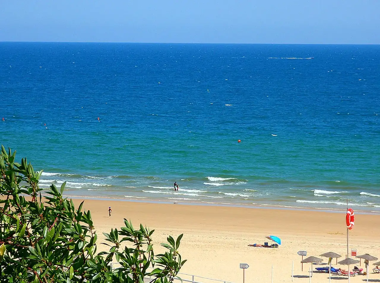 Areal de Praia Verde com o mar azul e chapéus de sol, visto entre a vegetação das dunas